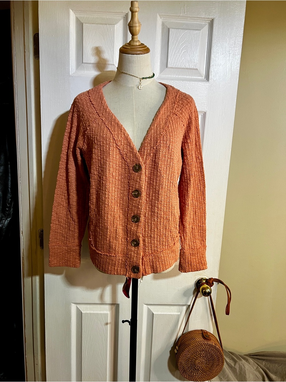 Two By Vince Camuto Wms Coral Cotton Textured Knit V Neck Preppy Cardigan M